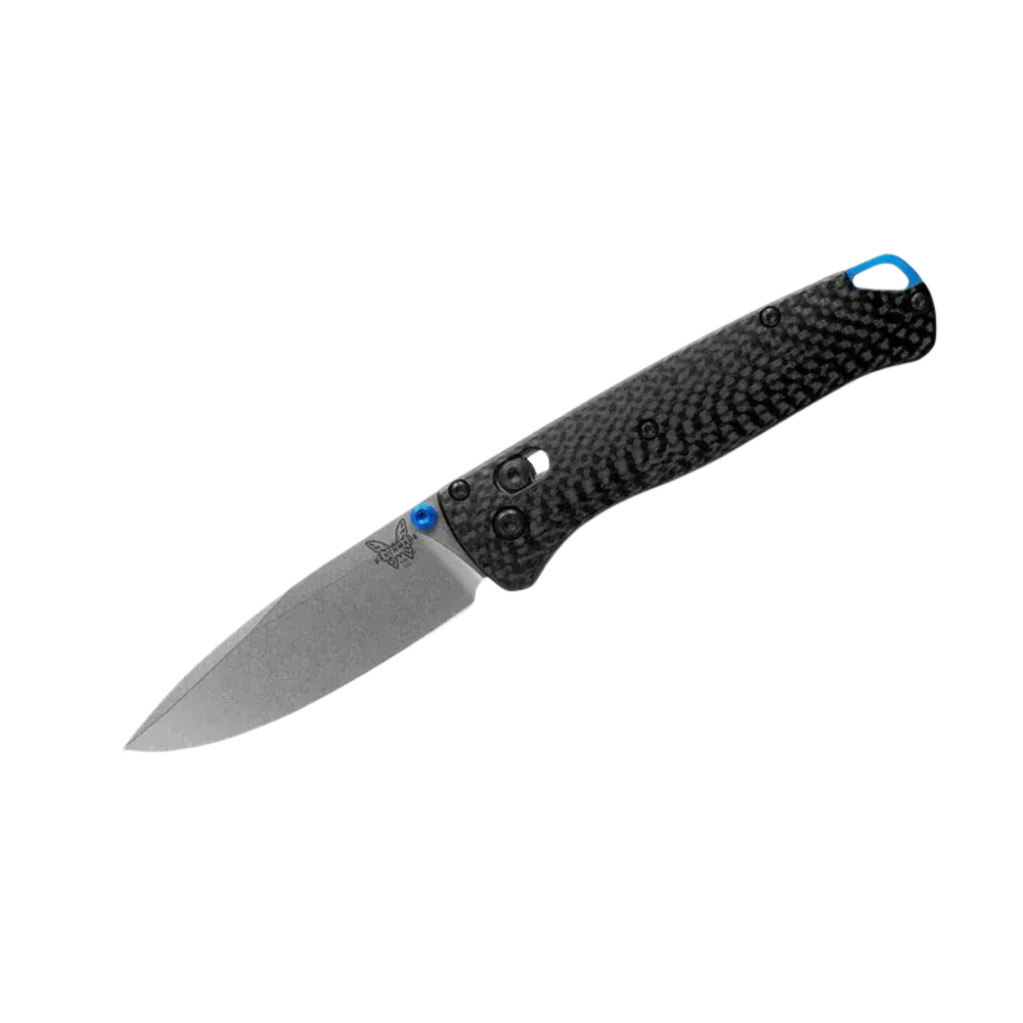 Benchmade Bugout carbon fiber drop-point knife angled open view