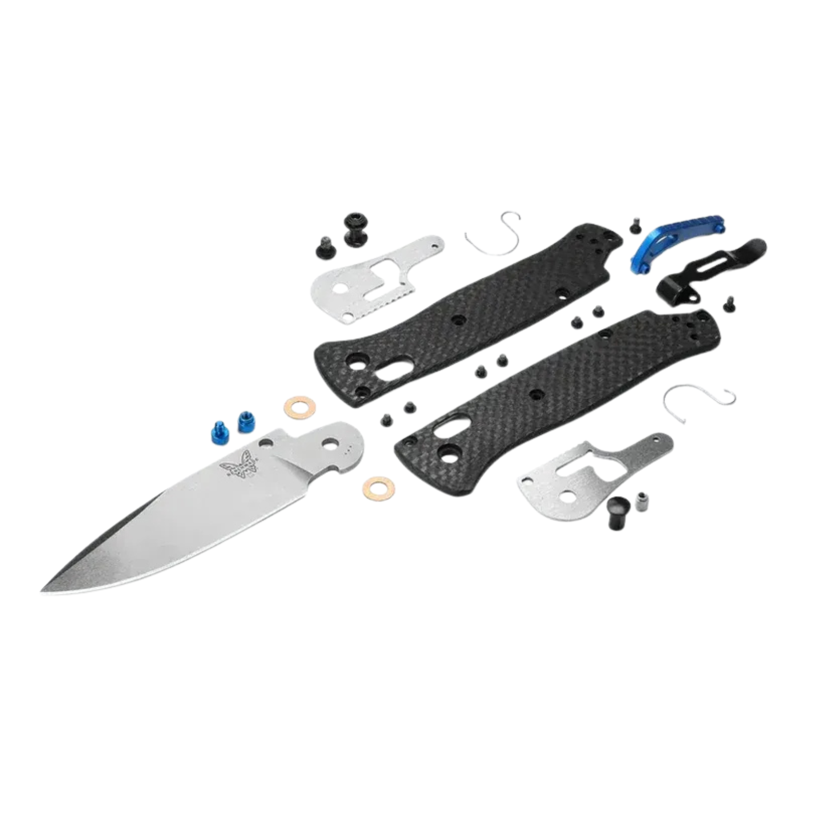 Benchmade Bugout carbon fiber knife disassembled components layout