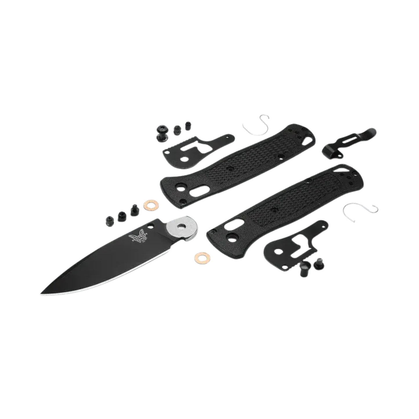 Benchmade Bugout CF-Elite drop point knife exploded view showing blade hardware and black handle scales