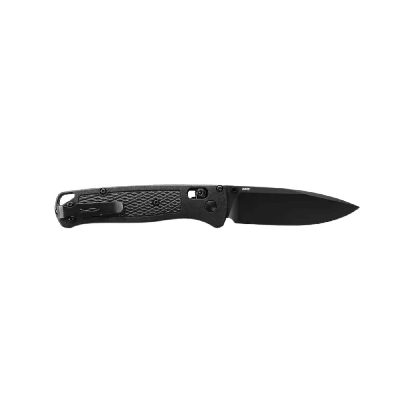 Benchmade Bugout CF-Elite drop point knife open clip side view with black handle and black blade