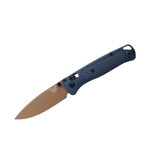 Benchmade Bugout Crater Blue drop-point knife angled open view