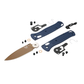 Benchmade Bugout Crater Blue drop-point knife disassembled components layout