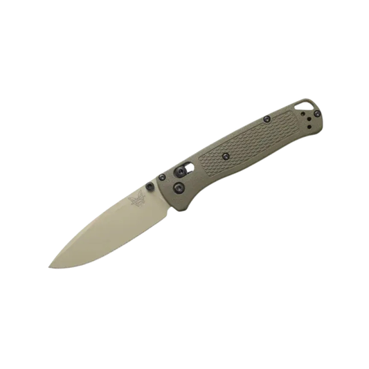 Benchmade Bugout dark olive drop-point knife angled open view
