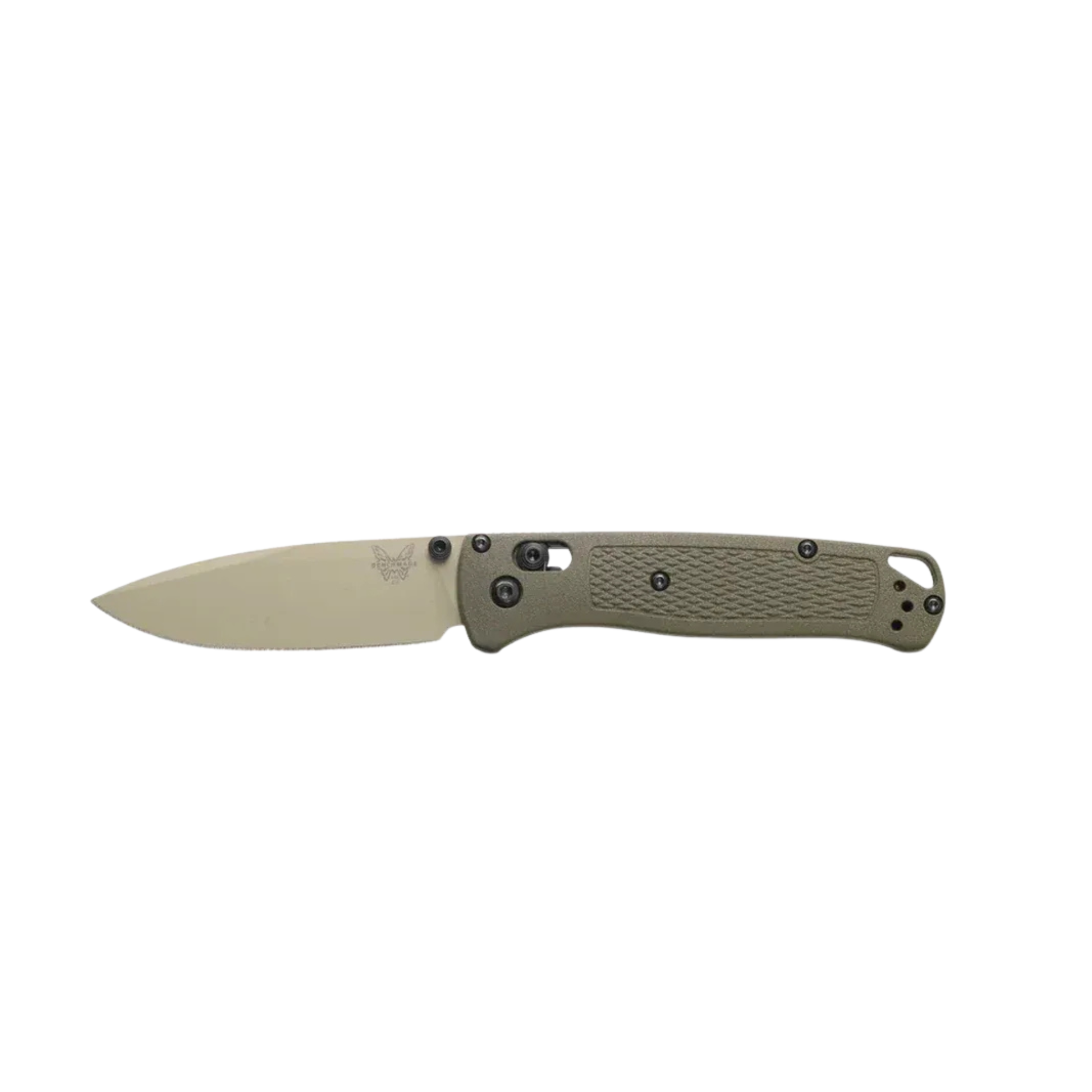 Benchmade Bugout dark olive drop-point knife open left view