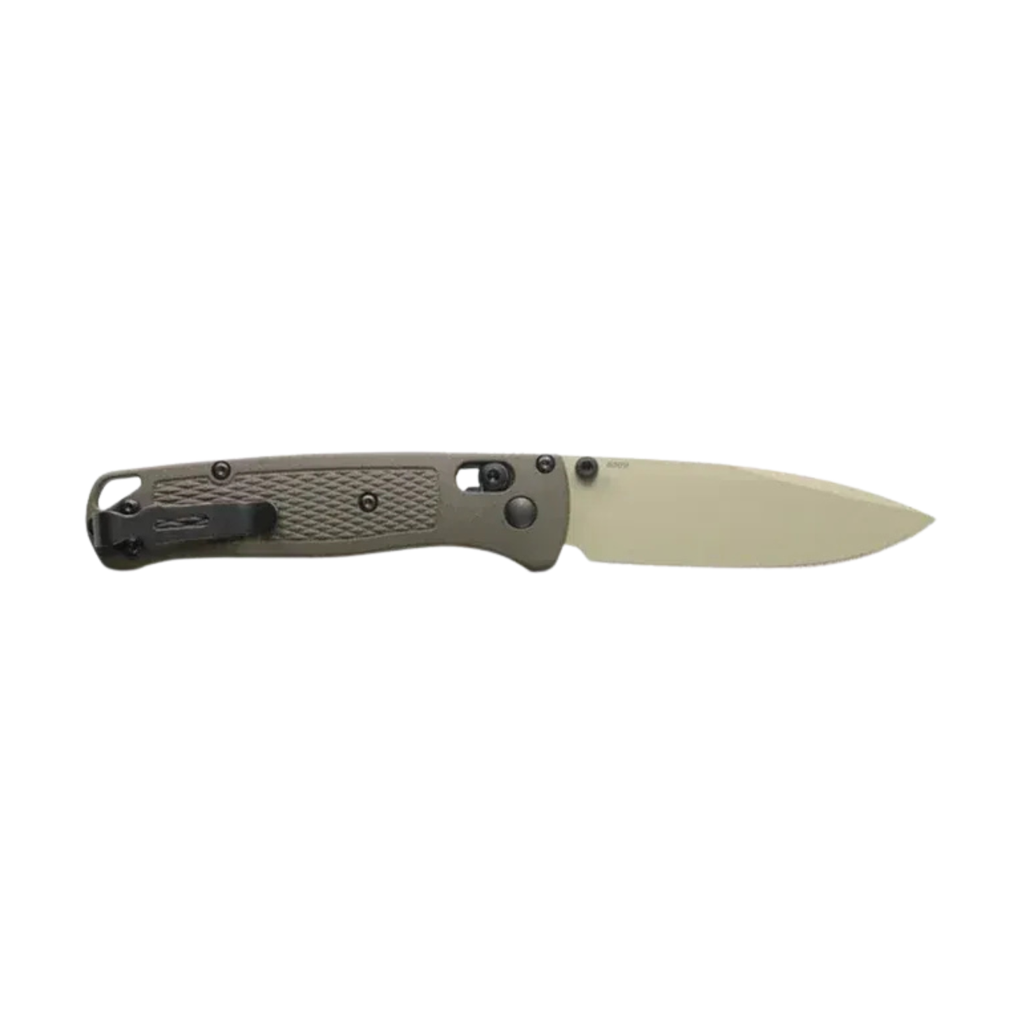 Benchmade Bugout dark olive drop-point knife open right view with clip
