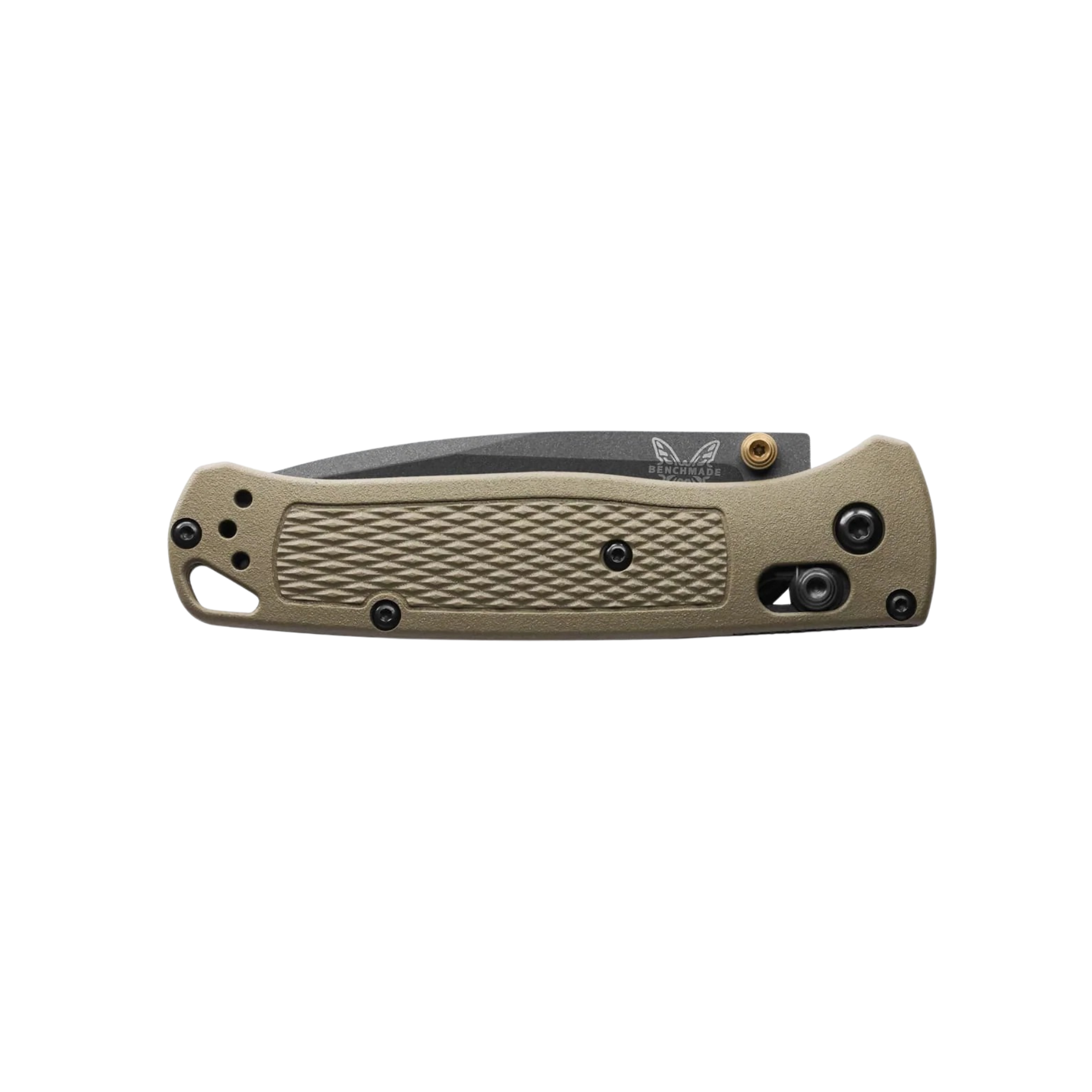 Benchmade Bugout drop point knife closed showing ranger green handle texture