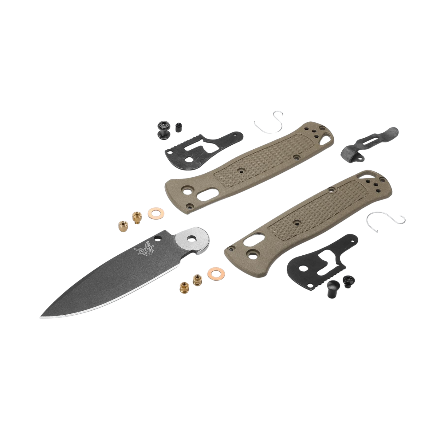 Benchmade Bugout knife exploded view showing blade hardware and ranger green handle scales