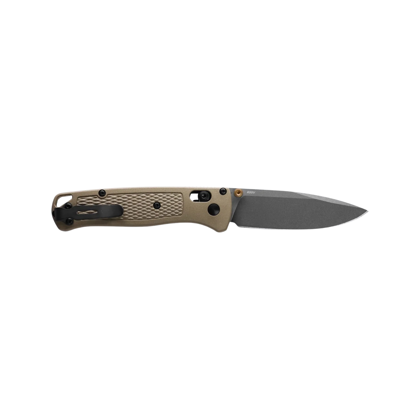 Benchmade Bugout drop point knife open clip side view with ranger green handle