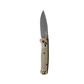 Benchmade Bugout drop point knife open with ranger green handle and gray blade
