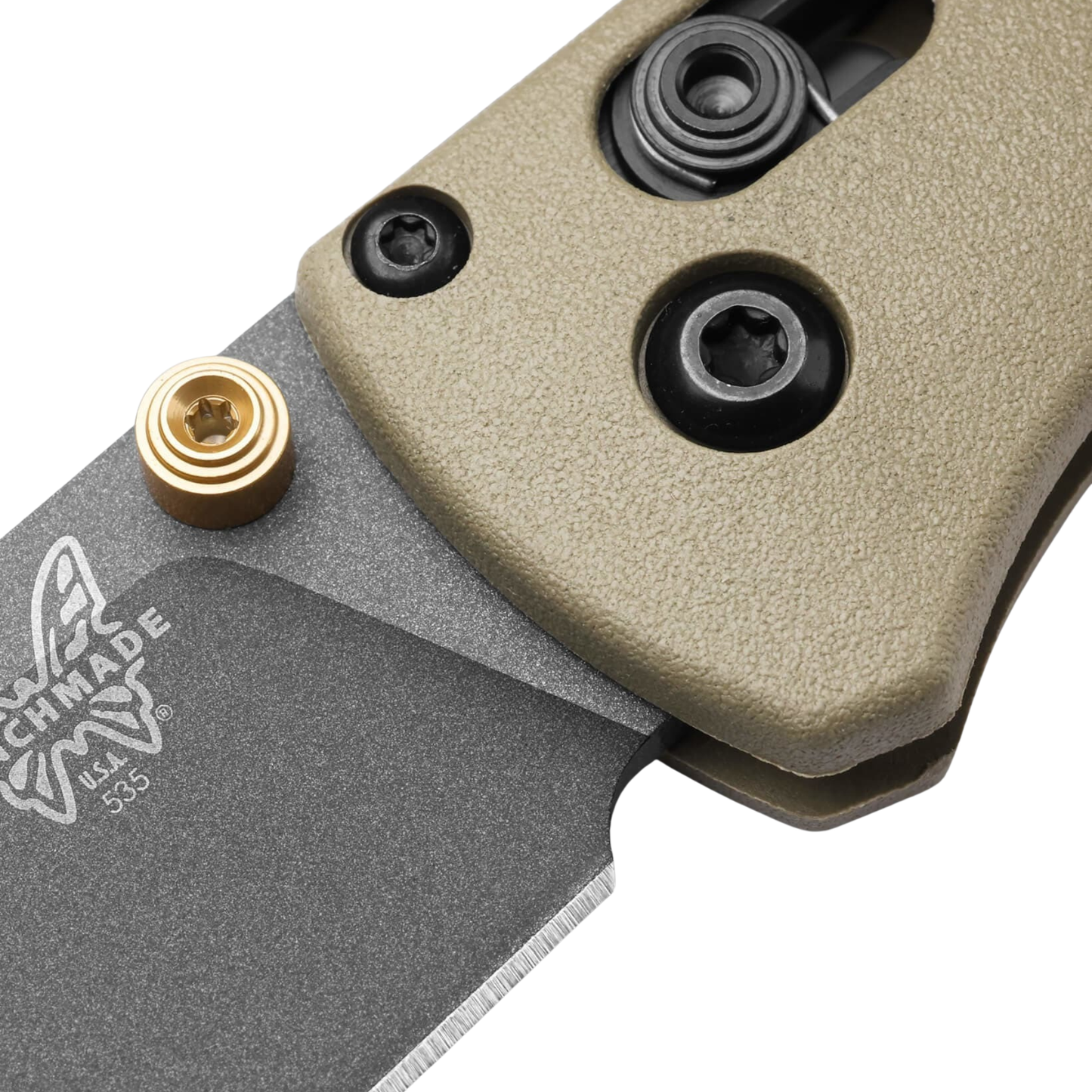 Close-up of Benchmade Bugout blade and ranger green handle with a hardware detail