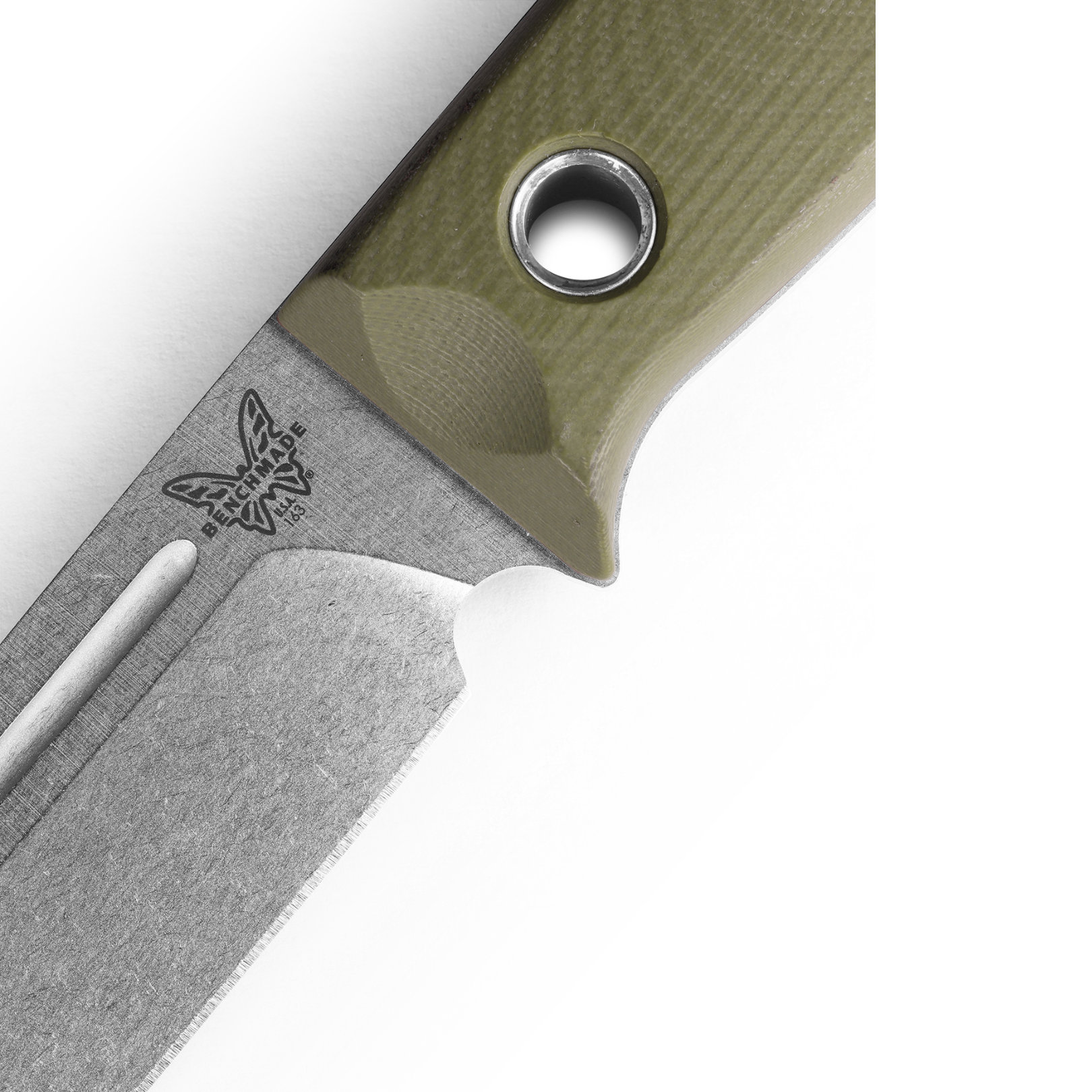 Benchmade Bushcrafter OD Green handle detail textured grip fixed blade bushcraft knife