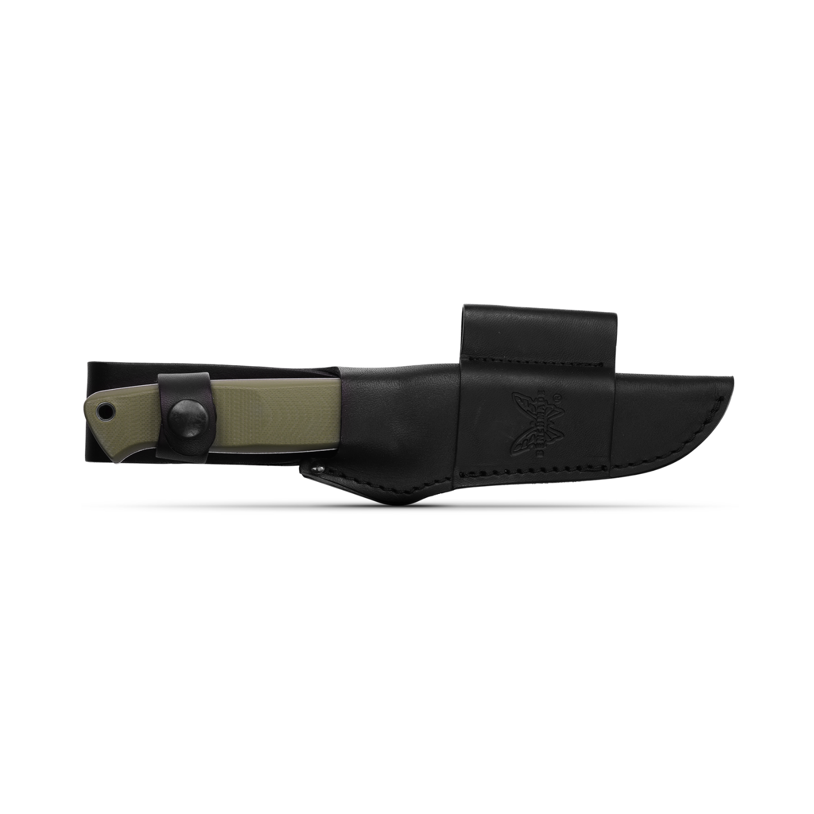 Benchmade Bushcrafter fixed blade knife in leather sheath closed carry outdoor knife