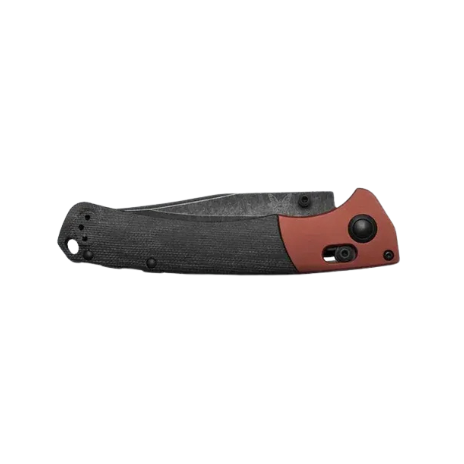 Benchmade Crooked River clip-point knife closed view showing burnt copper bolster and black handle