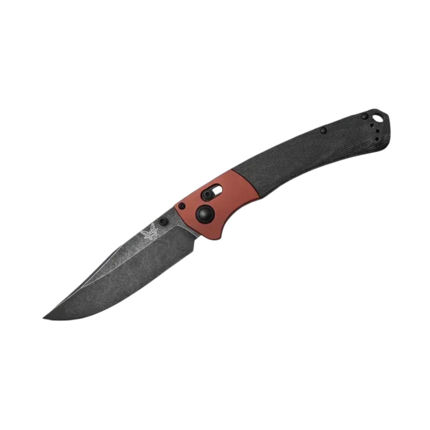 Benchmade Crooked River clip-point knife open angled view with burnt copper bolster and black handle