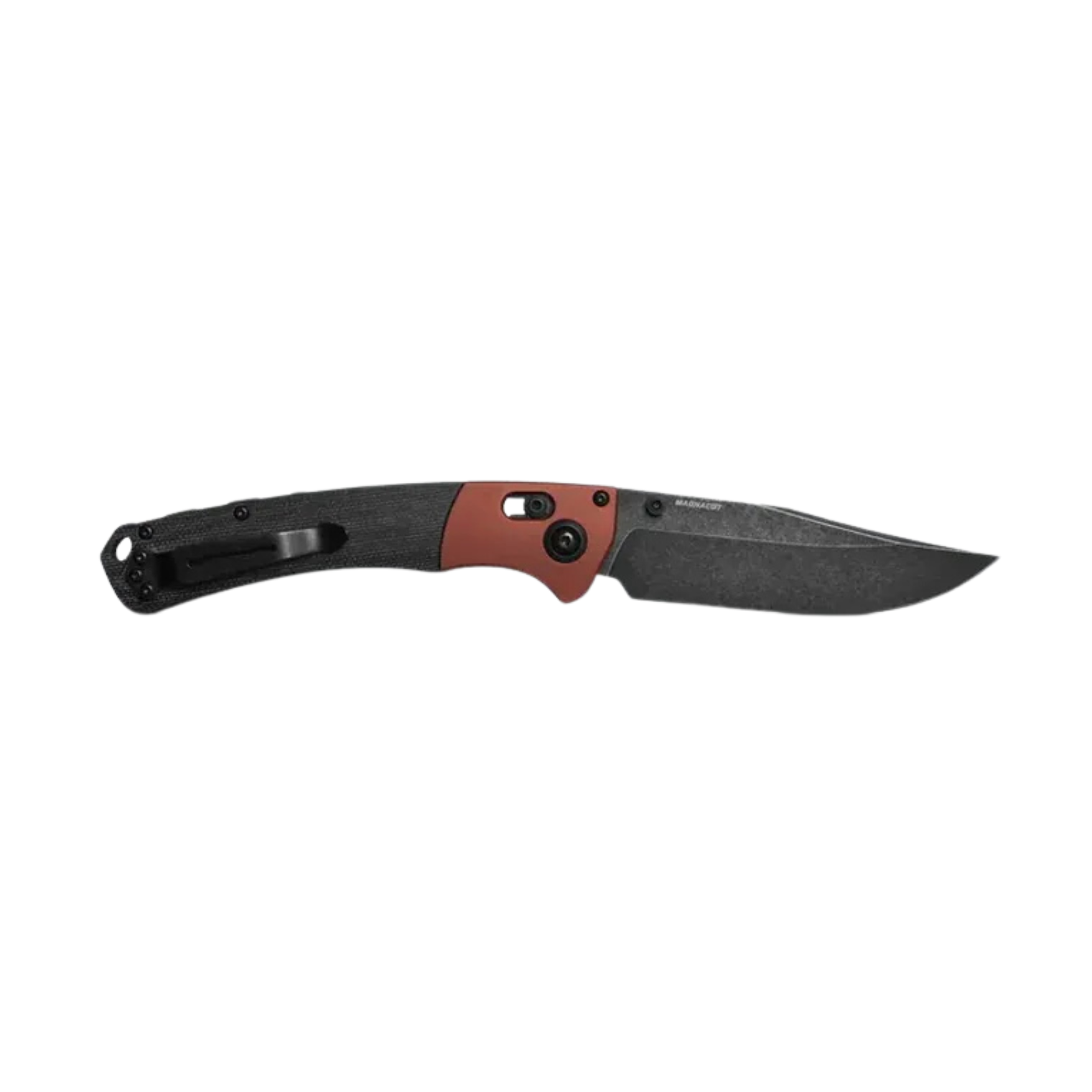 Benchmade Crooked River clip-point knife open showing pocket clip side with burnt copper and black handle
