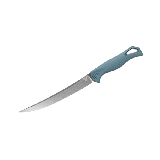 Benchmade Fishcrafter fillet knife angled view showing trailing point blade and depth blue handle
