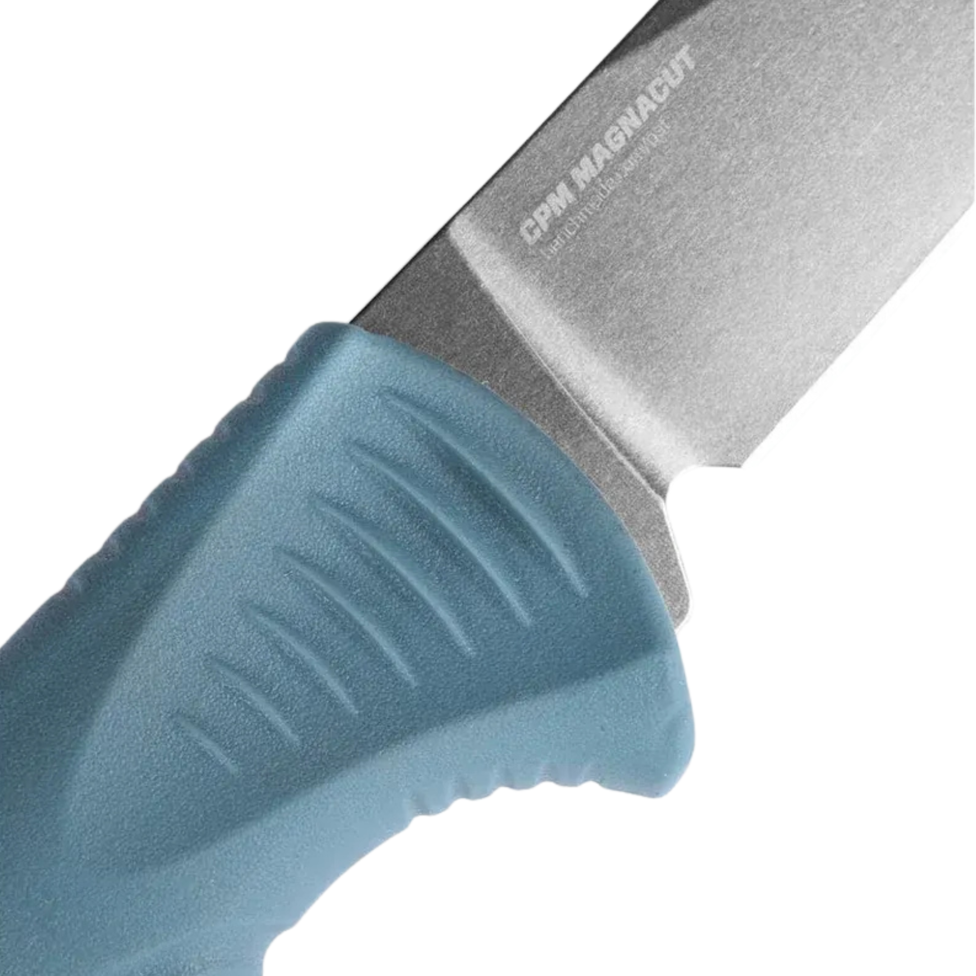 Benchmade Fishcrafter close-up of CPM-MagnaCut blade and textured depth blue handle grip