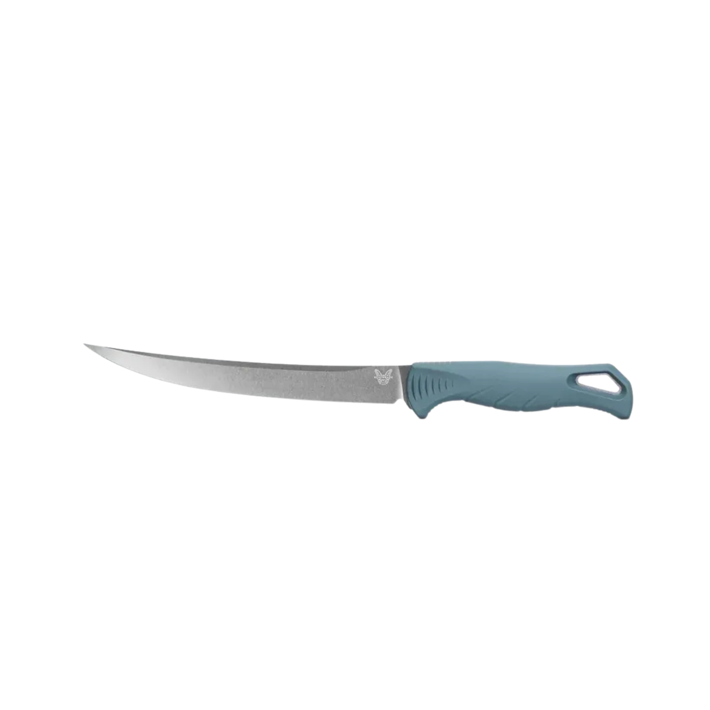 Benchmade Fishcrafter trailing point knife open side view with curved fillet blade and blue handle