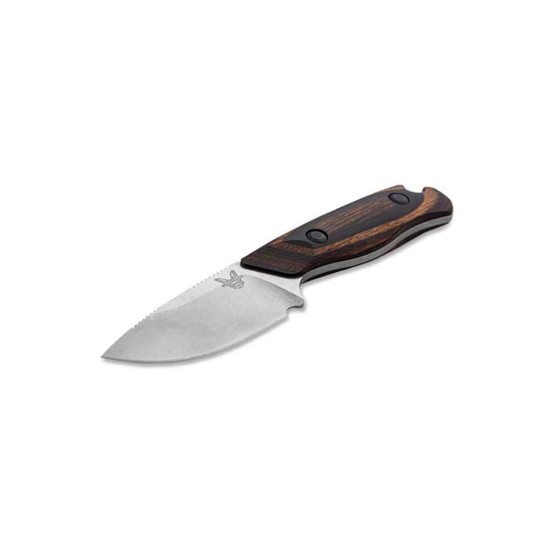 Benchmade Hidden Canyon Hunter angled view showing blade and wood handle.