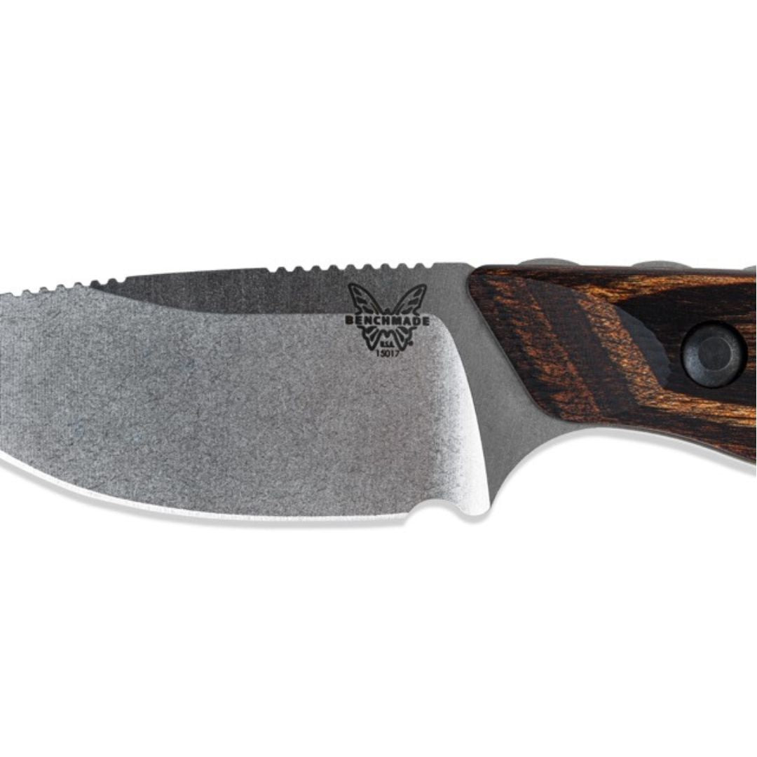 Benchmade Hidden Canyon Hunter blade close-up with Benchmade logo and edge detail.