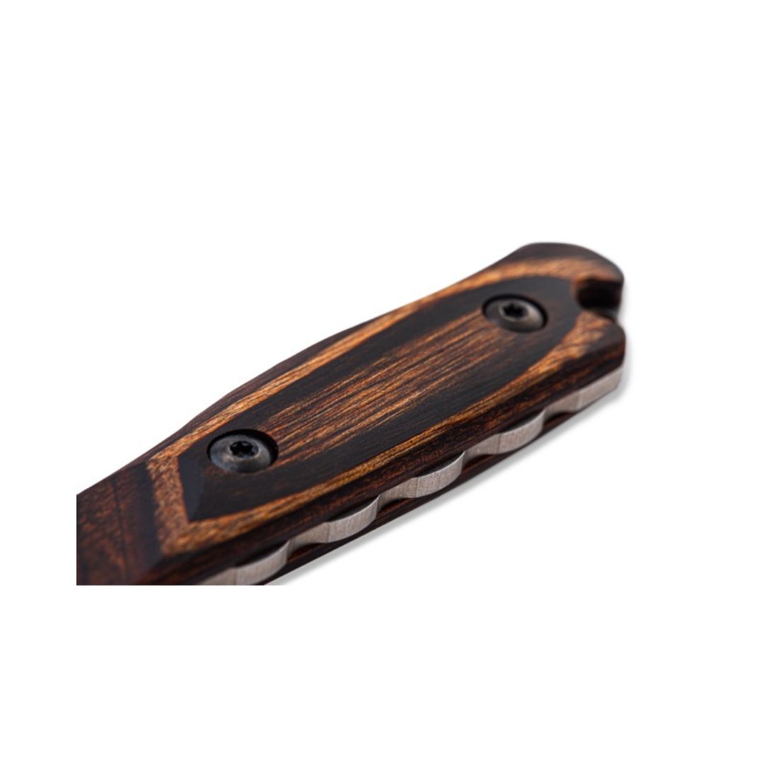 Benchmade Hidden Canyon Hunter handle close-up showing wood grain texture and grip.