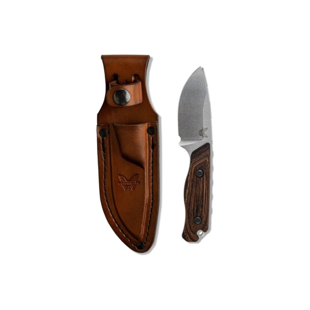 Benchmade Hidden Canyon Hunter with leather sheath and knife side by side.