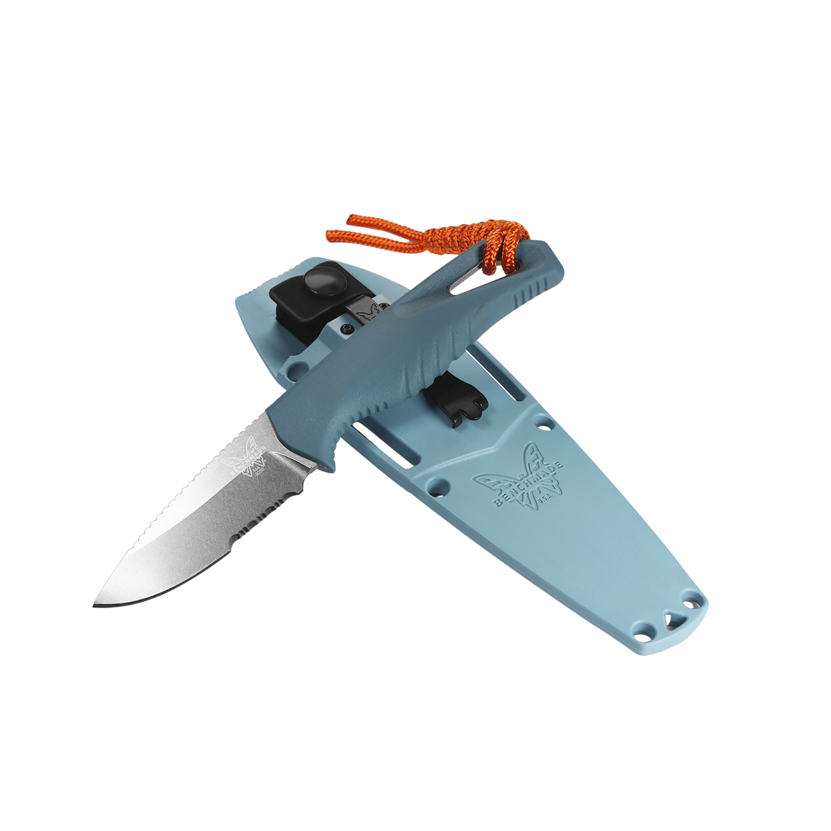 Benchmade Intersect drop point knife placed on sheath with depth blue Santoprene handle and orange lanyard