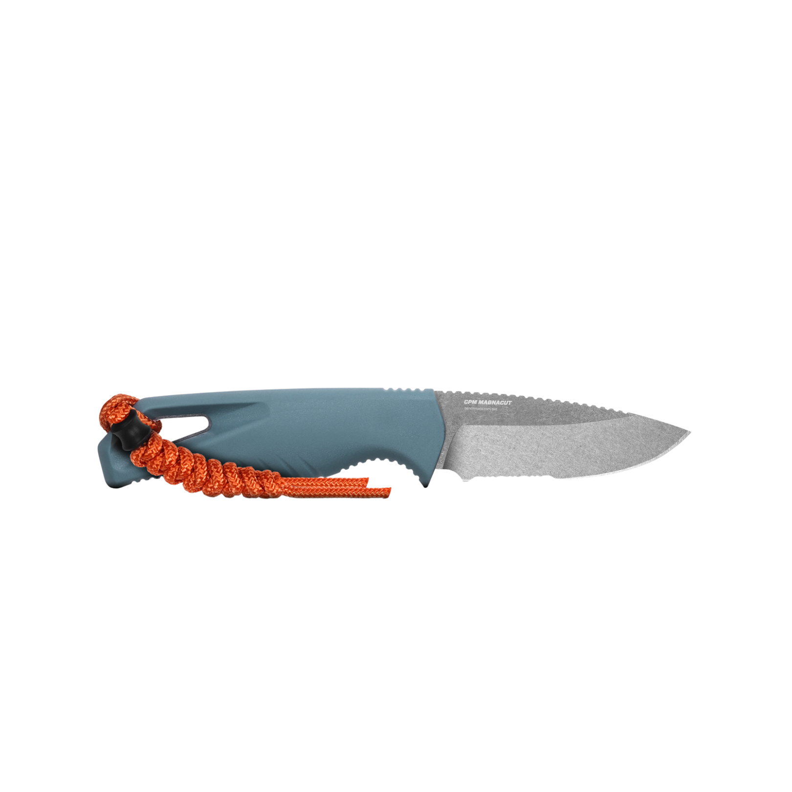 Benchmade Intersect drop point knife side profile showing textured blue handle and serrated blade