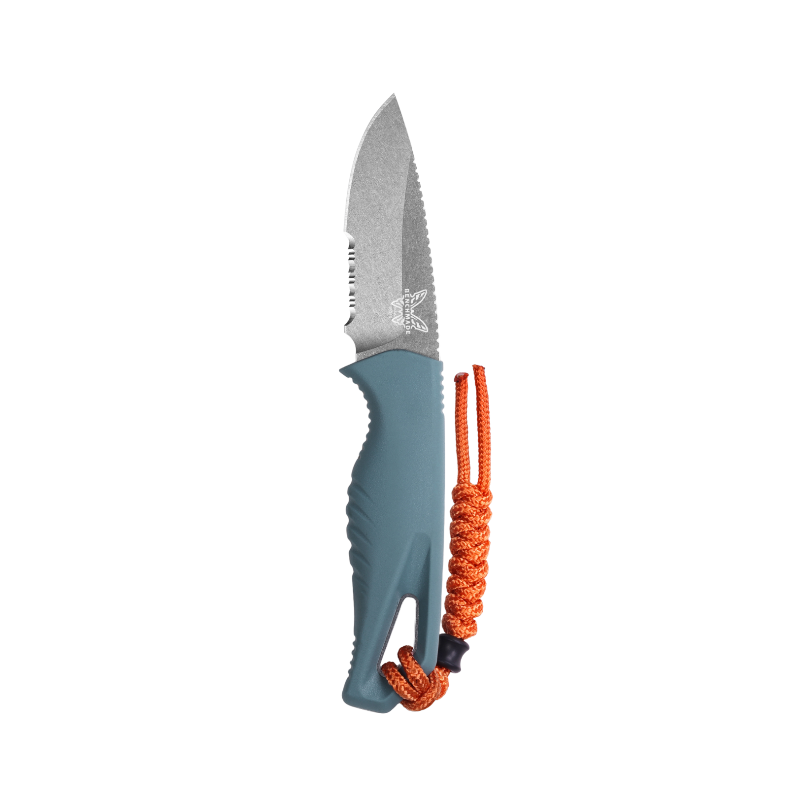 Benchmade Intersect drop point knife in vertical position showing serrated blade and depth blue handle with orange lanyard