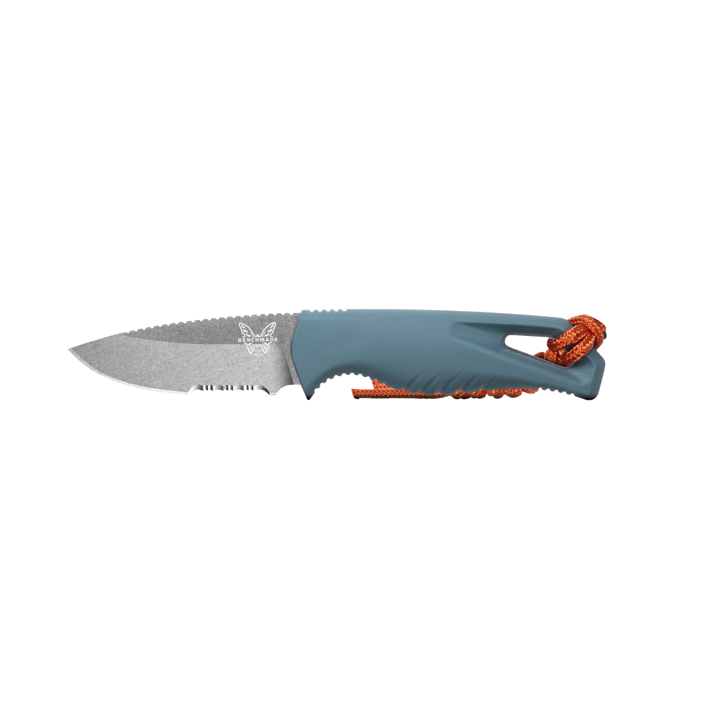 Benchmade Intersect sheath back view with belt clip and orange paracord lanyard attached