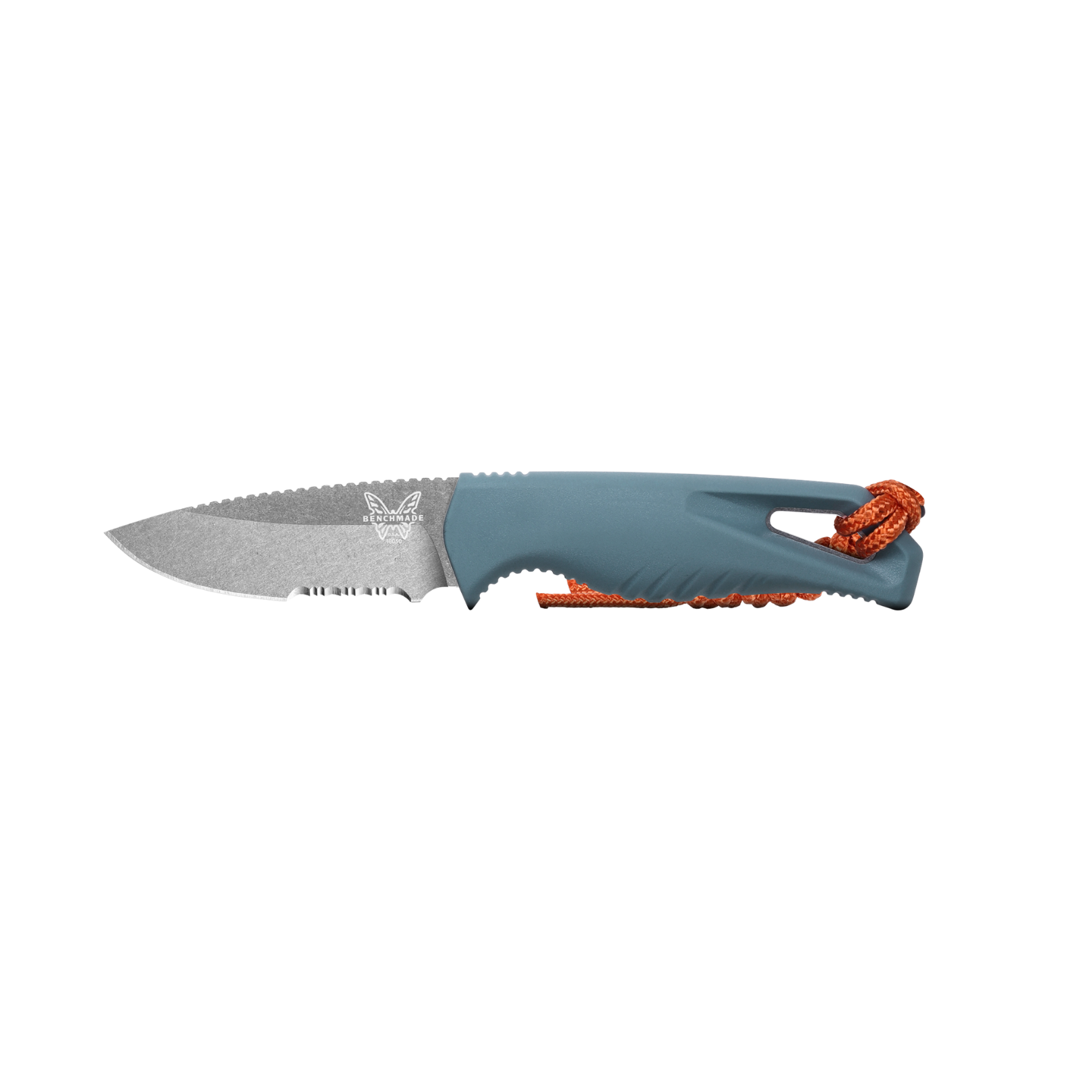 Benchmade Intersect sheath back view with belt clip and orange paracord lanyard attached