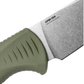 Benchmade Meatcrafter knife close-up showing CPM-154 blade steel and textured dark olive handle