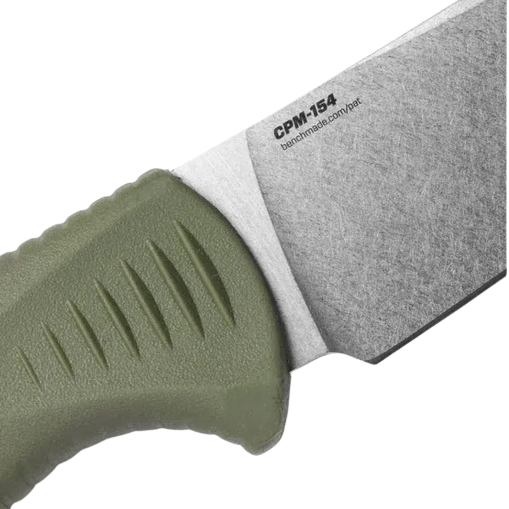 Benchmade Meatcrafter knife close-up showing CPM-154 blade steel and textured dark olive handle