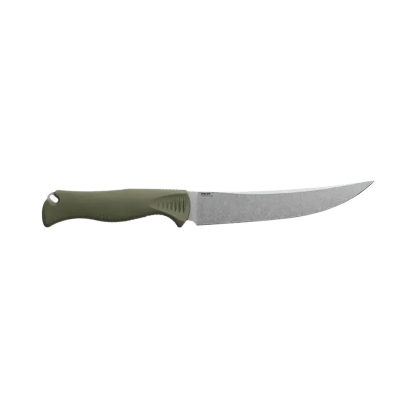Benchmade Meatcrafter trailing point knife full length profile with curved blade and olive handle