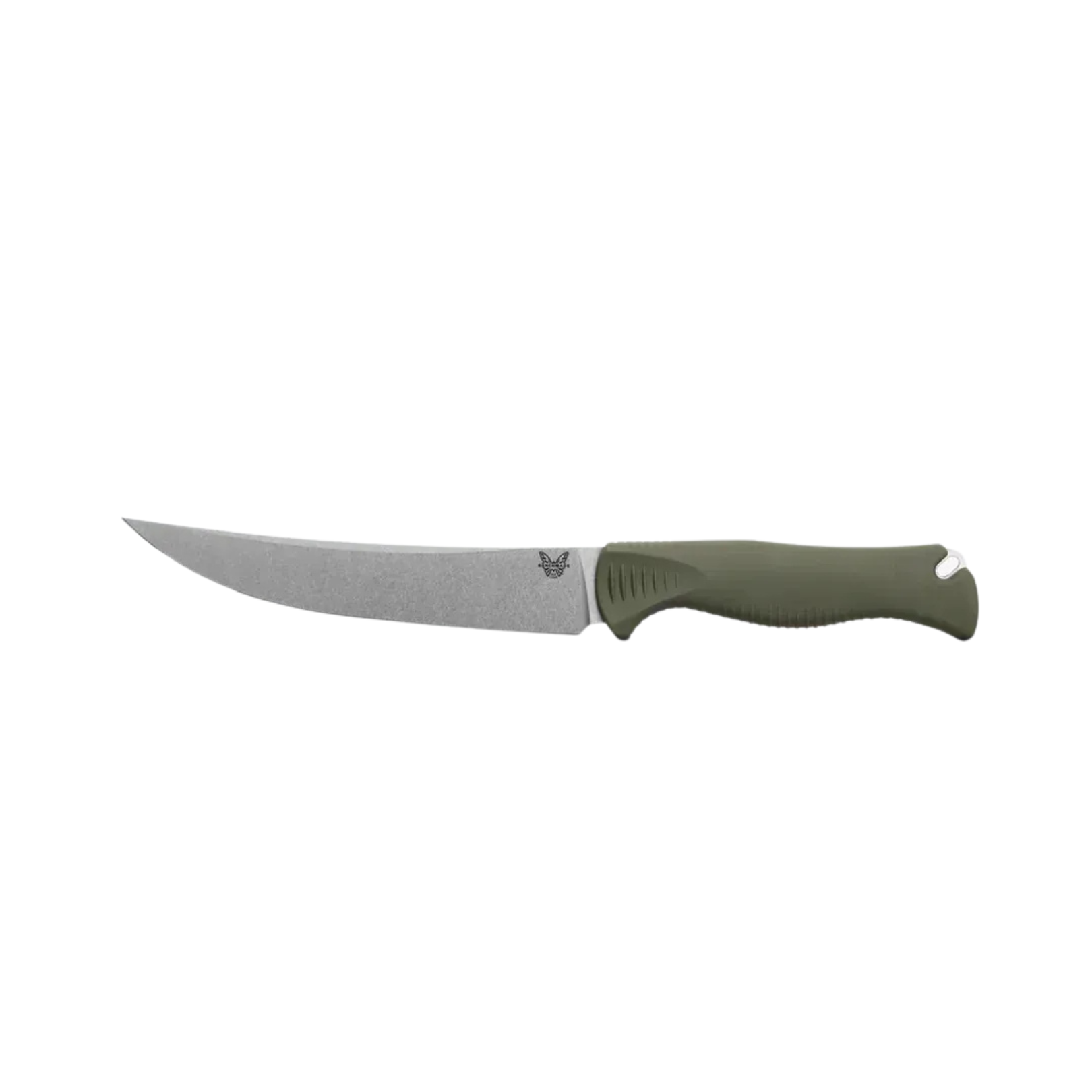 Benchmade Meatcrafter trailing point knife open side view with dark olive ergonomic handle