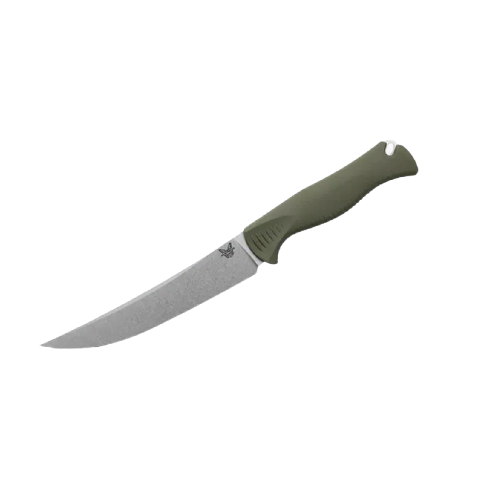 Benchmade Meatcrafter trailing point knife with dark olive handle shown open full profile