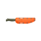 Benchmade Meatcrafter knife with bright orange sheath and dark olive handle partially visible