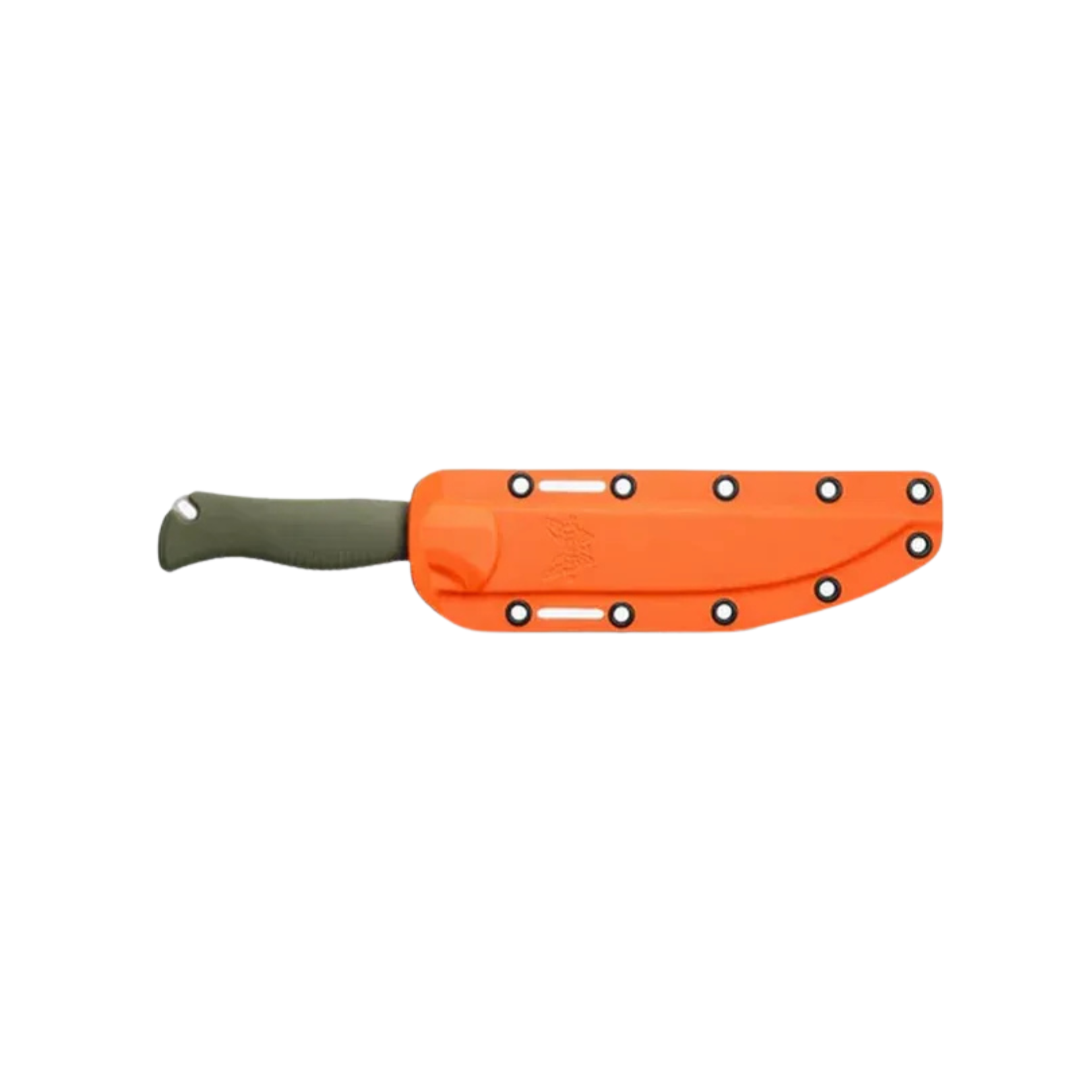 Benchmade Meatcrafter knife with bright orange sheath and dark olive handle partially visible