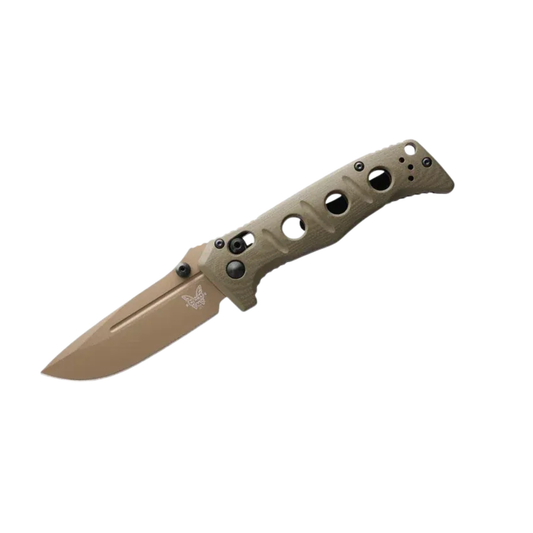 Benchmade Mini Adamas OD Green drop-point folding knife angled open perspective