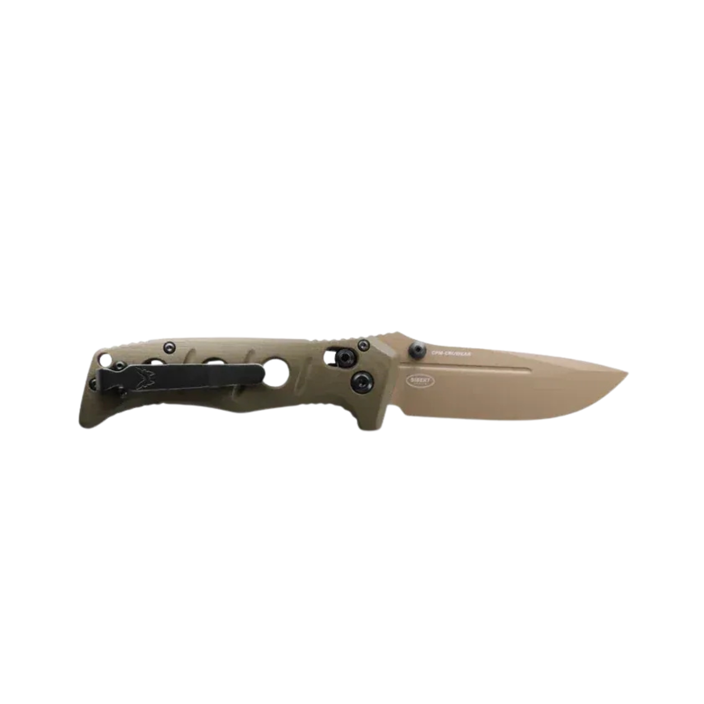 Benchmade Mini Adamas OD Green drop-point folding knife open left-side view