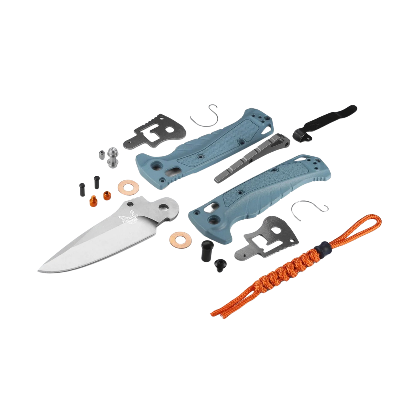 Benchmade Mini Adira knife exploded view showing blade components hardware and depth blue handle scales