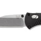 Benchmade Mini Barrage 585 blade close-up showing Benchmade logo and stonewashed finish