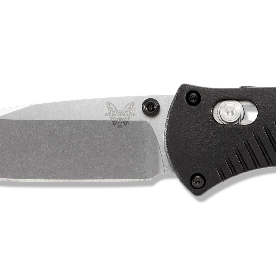 Benchmade Mini Barrage 585 blade close-up showing Benchmade logo and stonewashed finish