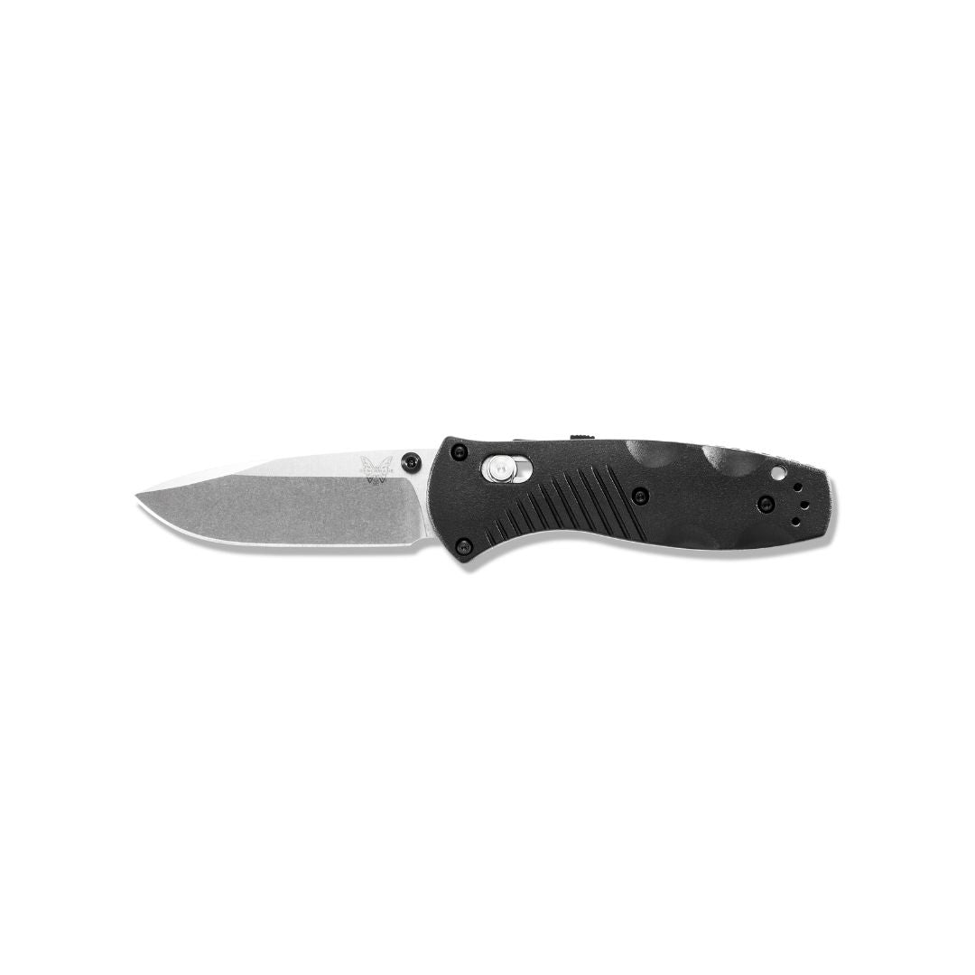 Benchmade Mini Barrage 585 folding knife open front view showing blade shape and AXIS assist lock