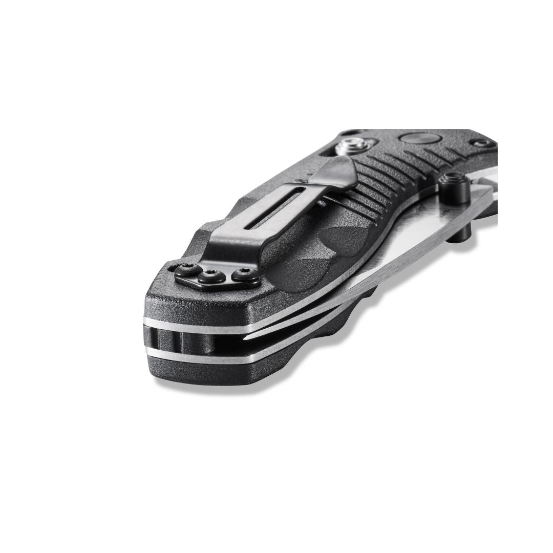 Benchmade Mini Barrage 585 handle spine detail showing layered construction and pocket clip attachment