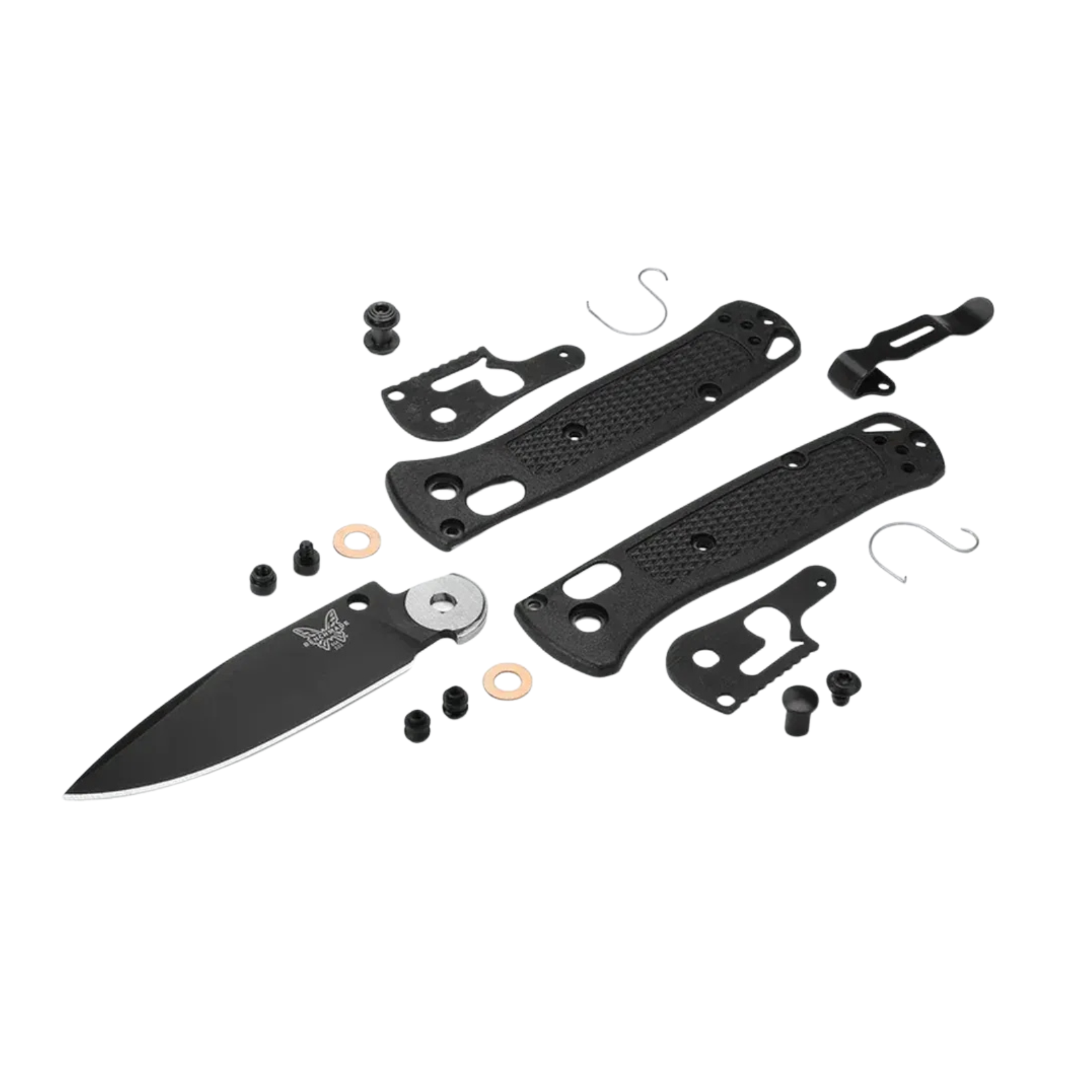 Benchmade Mini Bugout CF Elite knife exploded view with parts