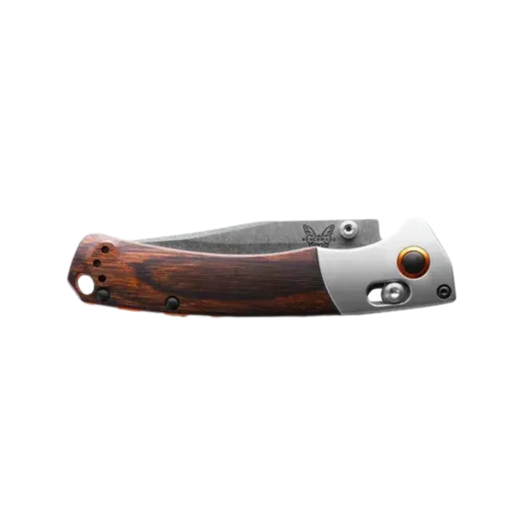 Benchmade Mini Crooked River clip-point knife closed showing grey aluminum bolster and wood handle