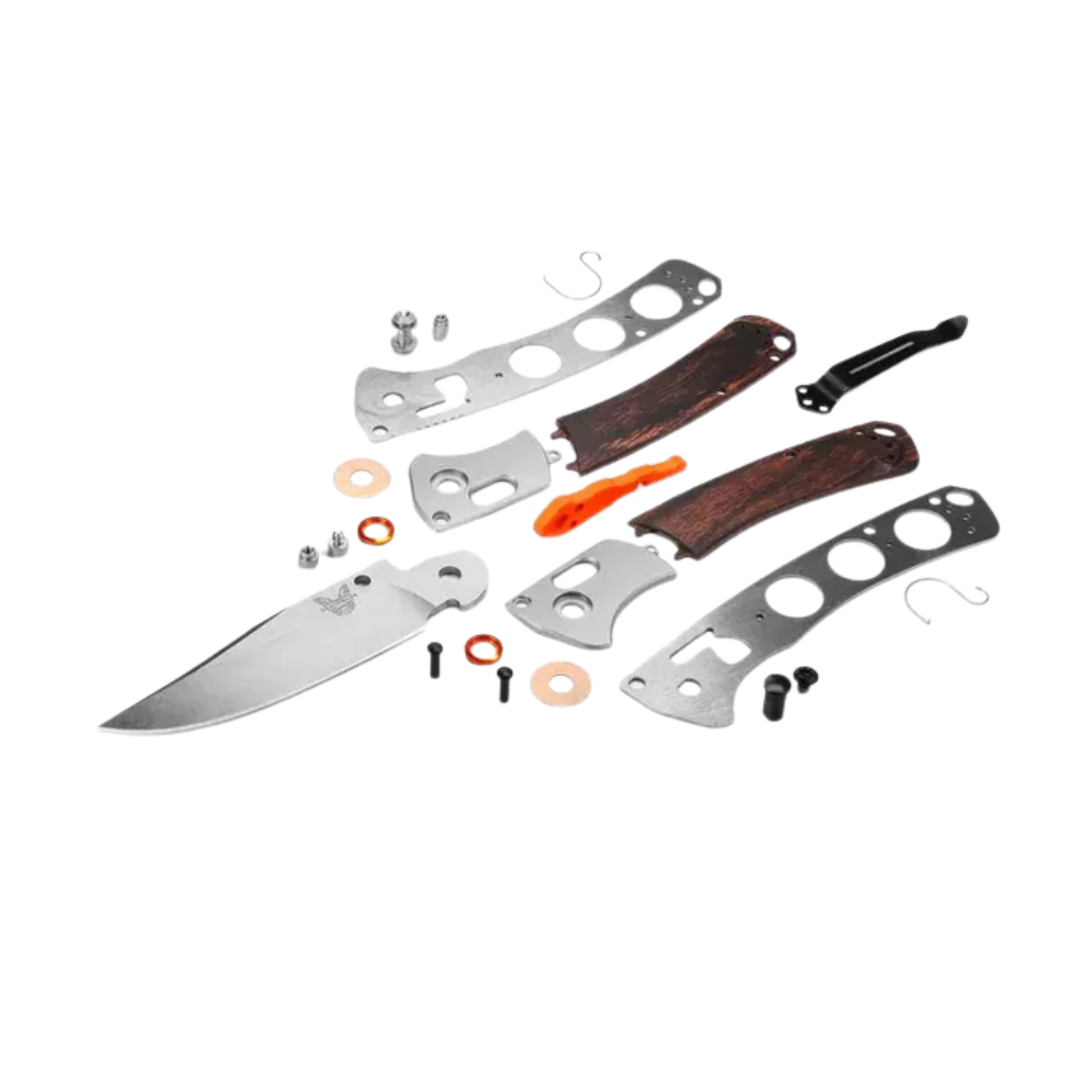 Benchmade Mini Crooked River clip-point knife disassembled view with blade, liners, hardware, and handle components