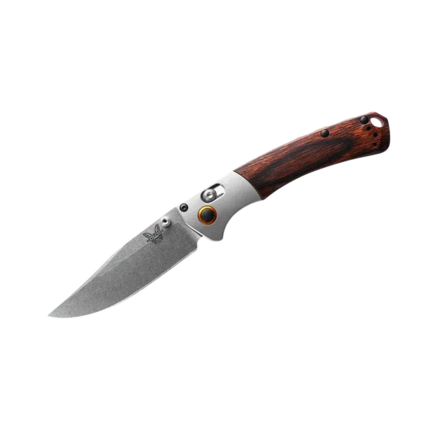 Benchmade Mini Crooked River clip-point knife open angled view with grey aluminum bolster and wood handle