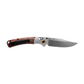 Benchmade Mini Crooked River clip-point knife open showing pocket clip side with grey aluminum bolster and wood handle